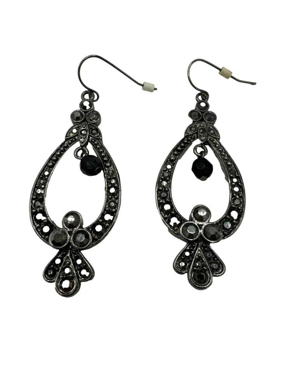 Teardrop Rhinestone Dangle Drop Earrings Gunmetal Gray Boho Intricate  2.5"
